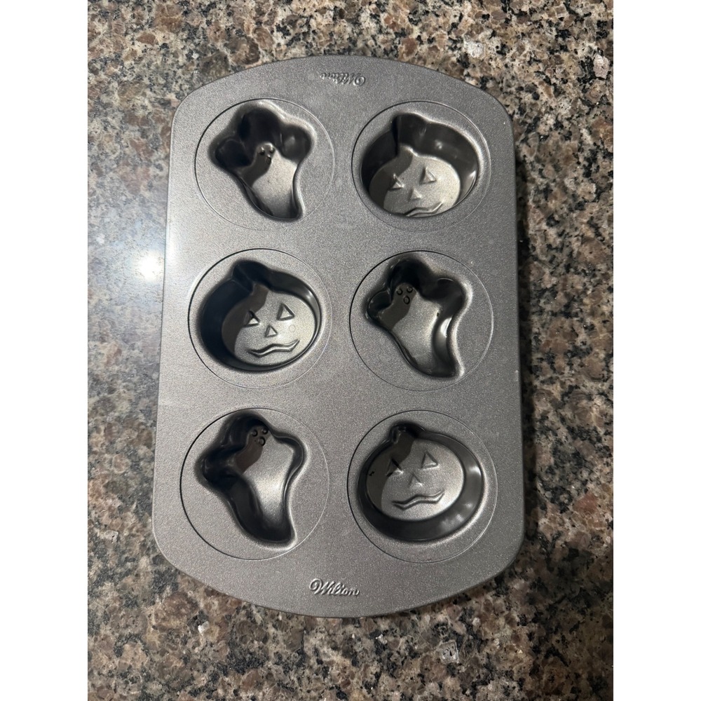Wilton Halloween Pumpkin and Ghost 6 Cavity Non-Stick Muffin Pan Gray Steel
